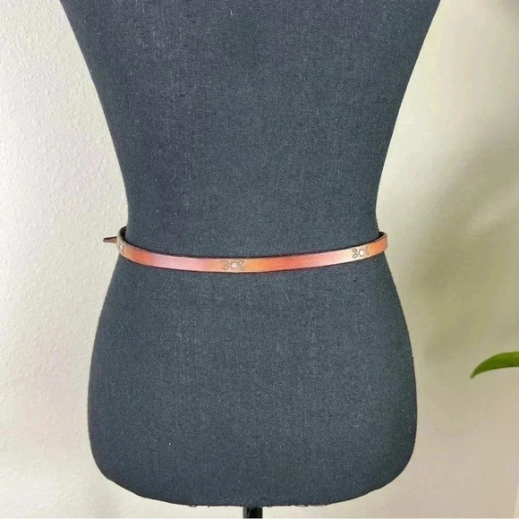 Saddle Brown Leather Skinny Women’s Belt with Copper Tone Carved Buckle - Picture 12 of 13